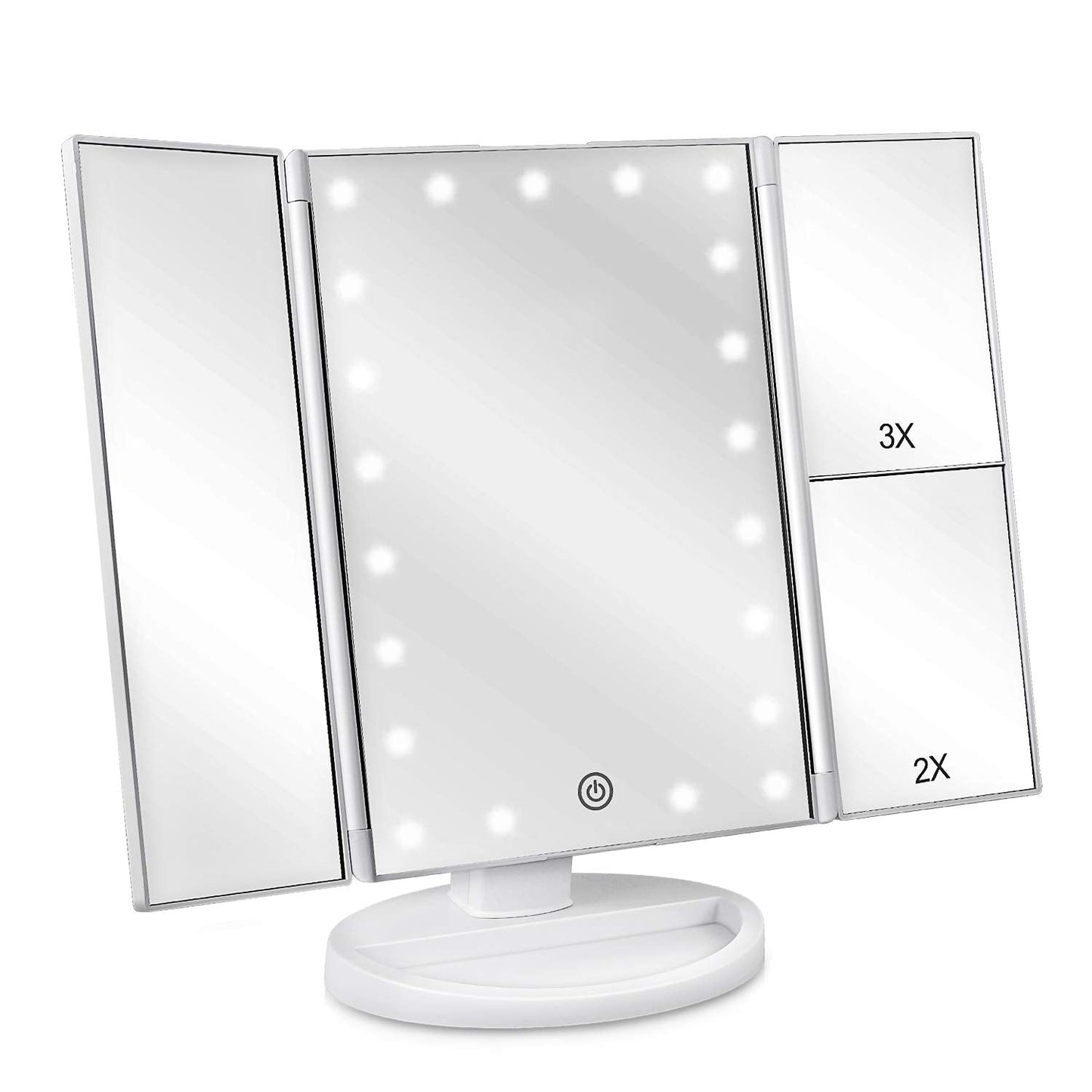 deweisn Dresser Mount Tri-Fold Lighted Vanity Mirror with 21 LED Lights, Touch Screen and 3X/2X/1X Magnification, Two Power Supply Modes Make Up Mirror,Travel Mirror - DigiVirt