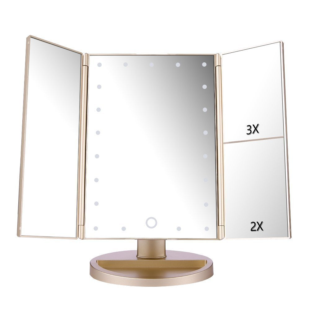 deweisn Dresser Mount Tri-Fold Lighted Vanity Mirror with 21 LED Lights, Touch Screen and 3X/2X/1X Magnification, Two Power Supply Modes Make Up Mirror,Travel Mirror - DigiVirt