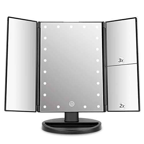 deweisn Dresser Mount Tri-Fold Lighted Vanity Mirror with 21 LED Lights, Touch Screen and 3X/2X/1X Magnification, Two Power Supply Modes Make Up Mirror,Travel Mirror - DigiVirt
