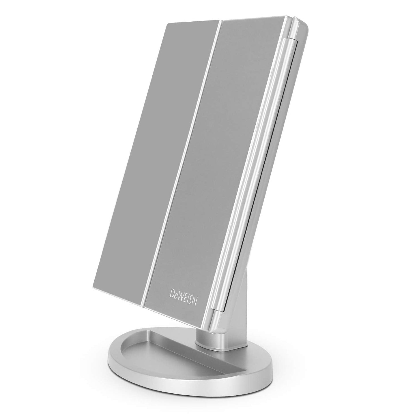 deweisn Dresser Mount Tri-Fold Lighted Vanity Mirror with 21 LED Lights, Touch Screen and 3X/2X/1X Magnification, Two Power Supply Modes Make Up Mirror,Travel Mirror - DigiVirt