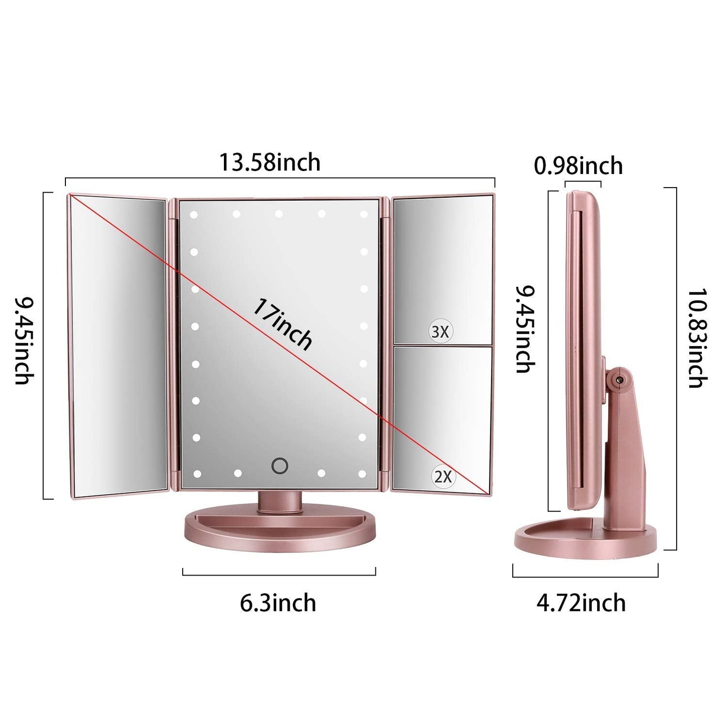 deweisn Dresser Mount Tri-Fold Lighted Vanity Mirror with 21 LED Lights, Touch Screen and 3X/2X/1X Magnification, Two Power Supply Modes Make Up Mirror,Travel Mirror - DigiVirt