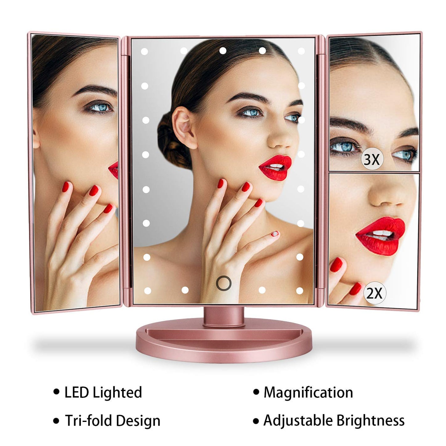 deweisn Dresser Mount Tri-Fold Lighted Vanity Mirror with 21 LED Lights, Touch Screen and 3X/2X/1X Magnification, Two Power Supply Modes Make Up Mirror,Travel Mirror - DigiVirt