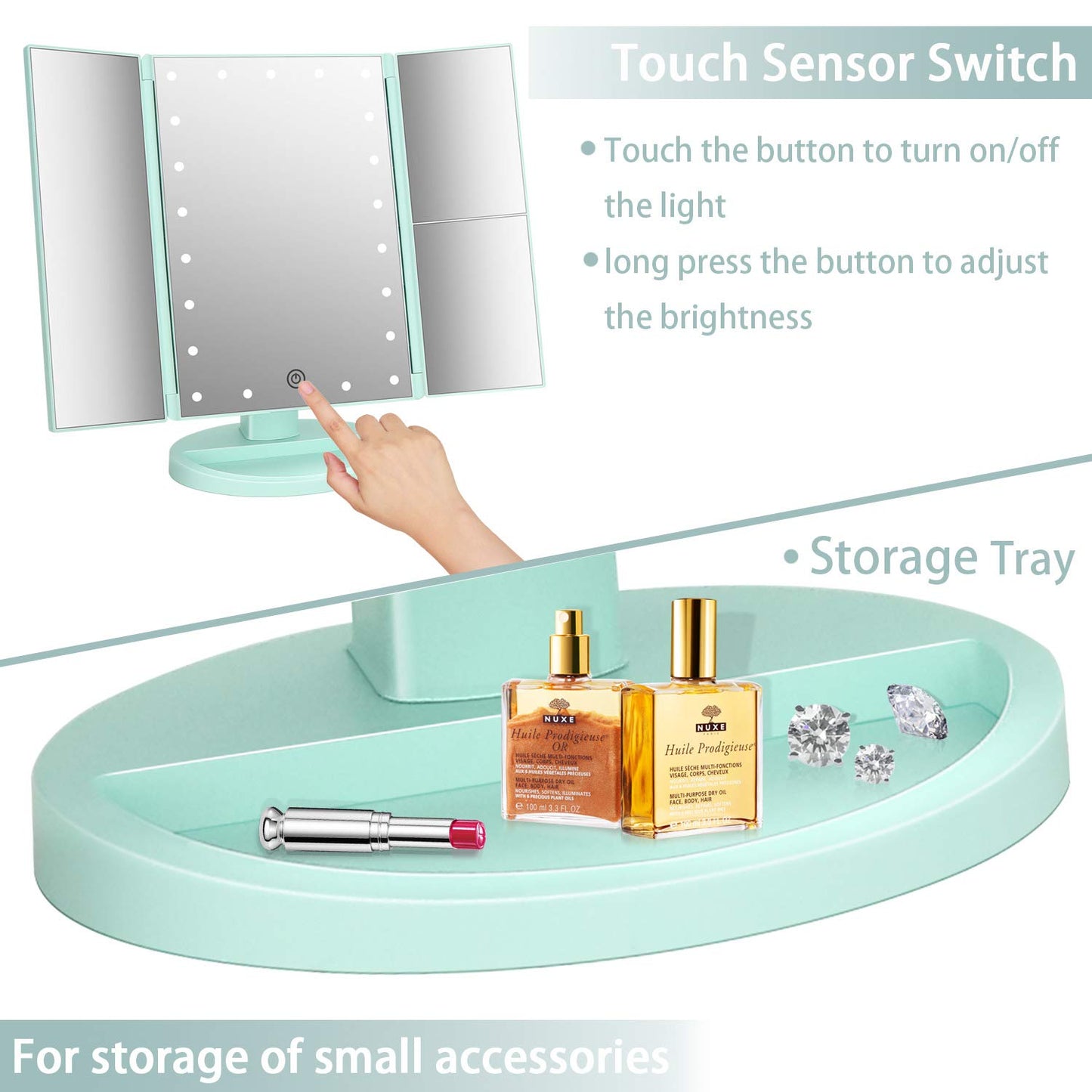 deweisn Dresser Mount Tri-Fold Lighted Vanity Mirror with 21 LED Lights, Touch Screen and 3X/2X/1X Magnification, Two Power Supply Modes Make Up Mirror,Travel Mirror - DigiVirt