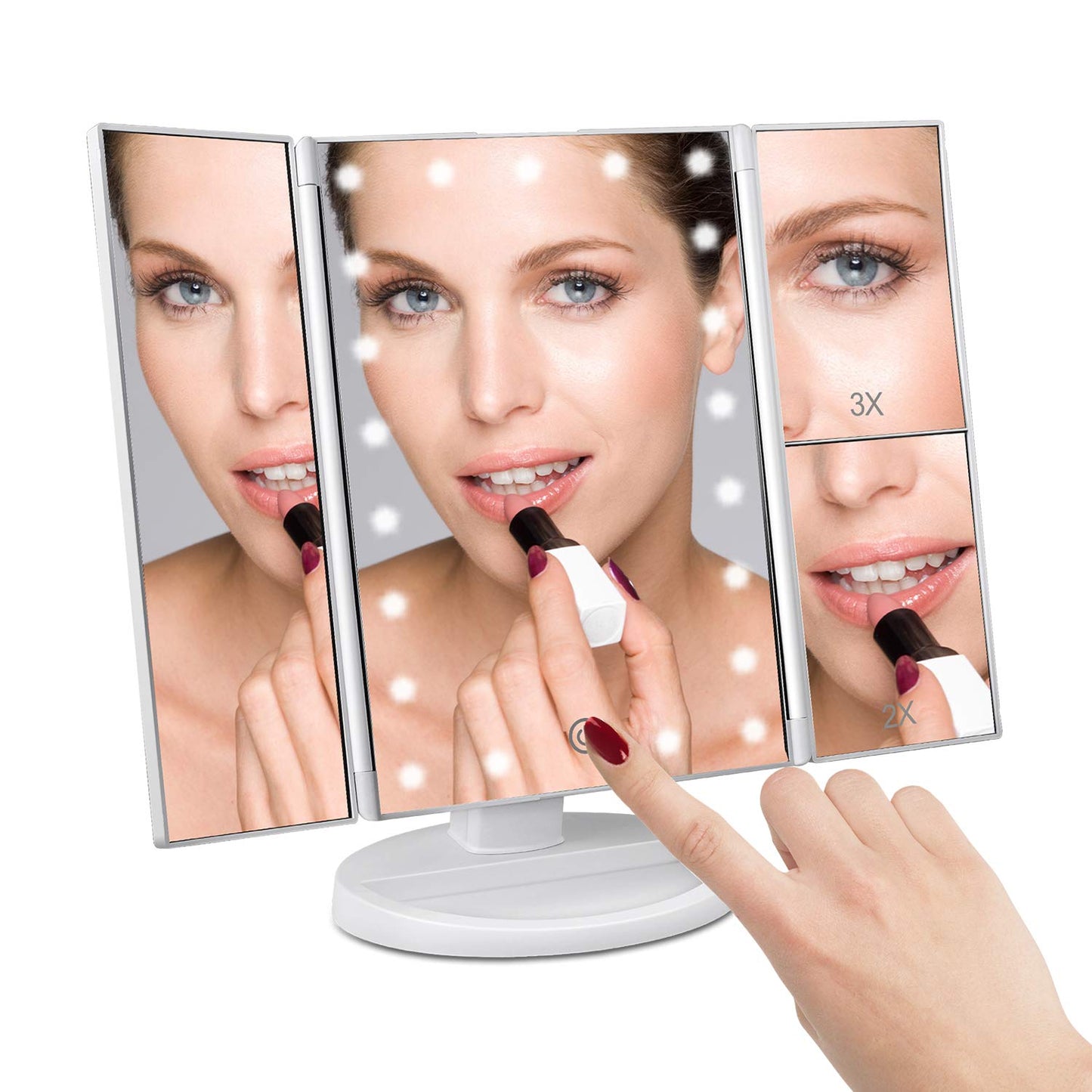deweisn Dresser Mount Tri-Fold Lighted Vanity Mirror with 21 LED Lights, Touch Screen and 3X/2X/1X Magnification, Two Power Supply Modes Make Up Mirror,Travel Mirror - DigiVirt