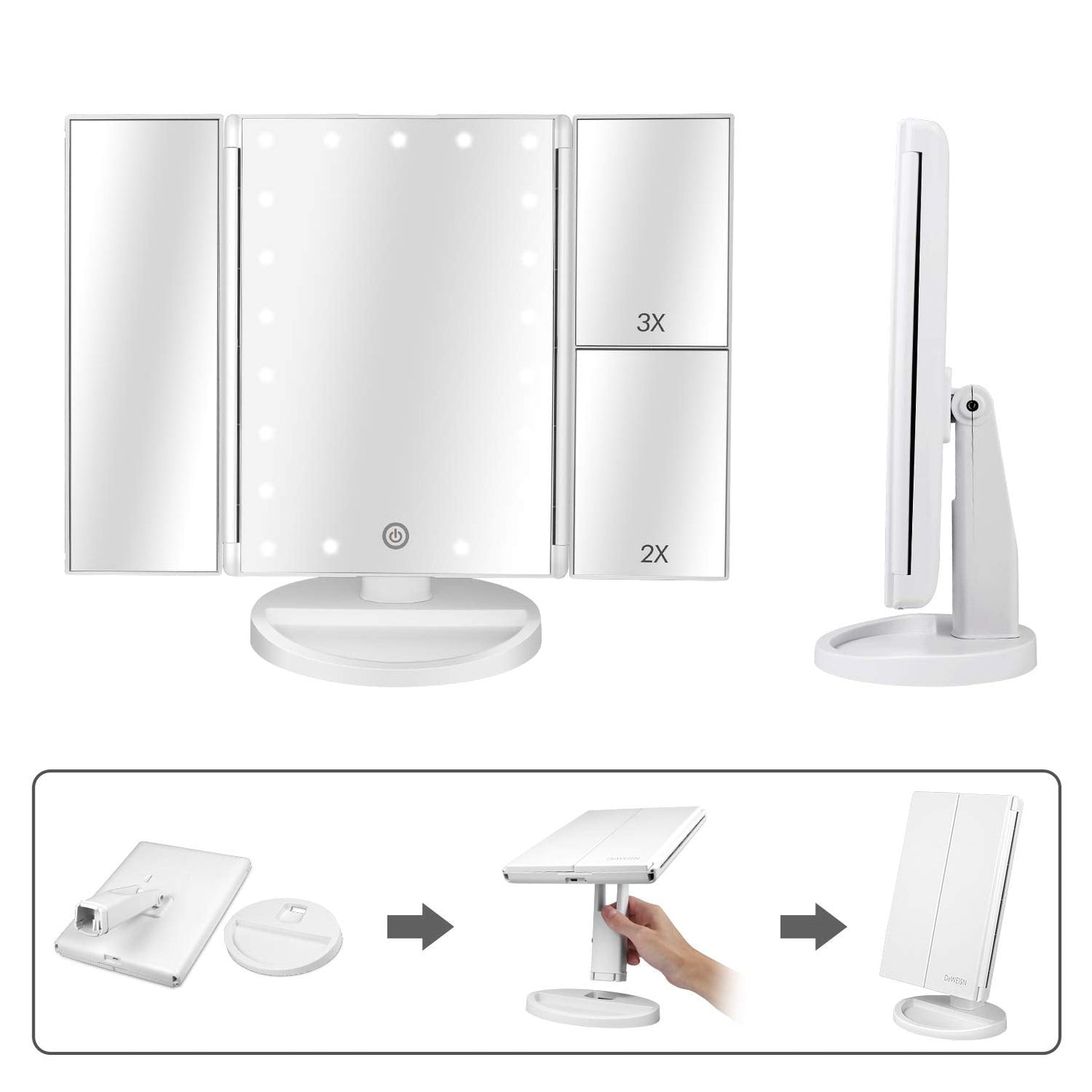 deweisn Dresser Mount Tri-Fold Lighted Vanity Mirror with 21 LED Lights, Touch Screen and 3X/2X/1X Magnification, Two Power Supply Modes Make Up Mirror,Travel Mirror - DigiVirt