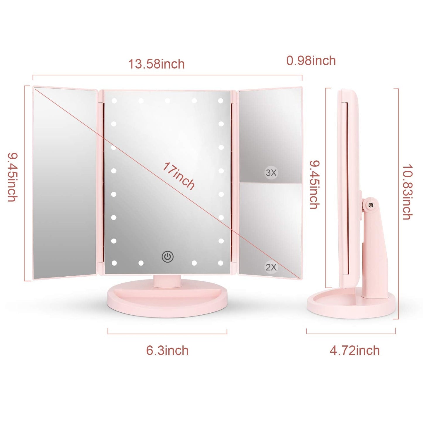 deweisn Dresser Mount Tri-Fold Lighted Vanity Mirror with 21 LED Lights, Touch Screen and 3X/2X/1X Magnification, Two Power Supply Modes Make Up Mirror,Travel Mirror - DigiVirt