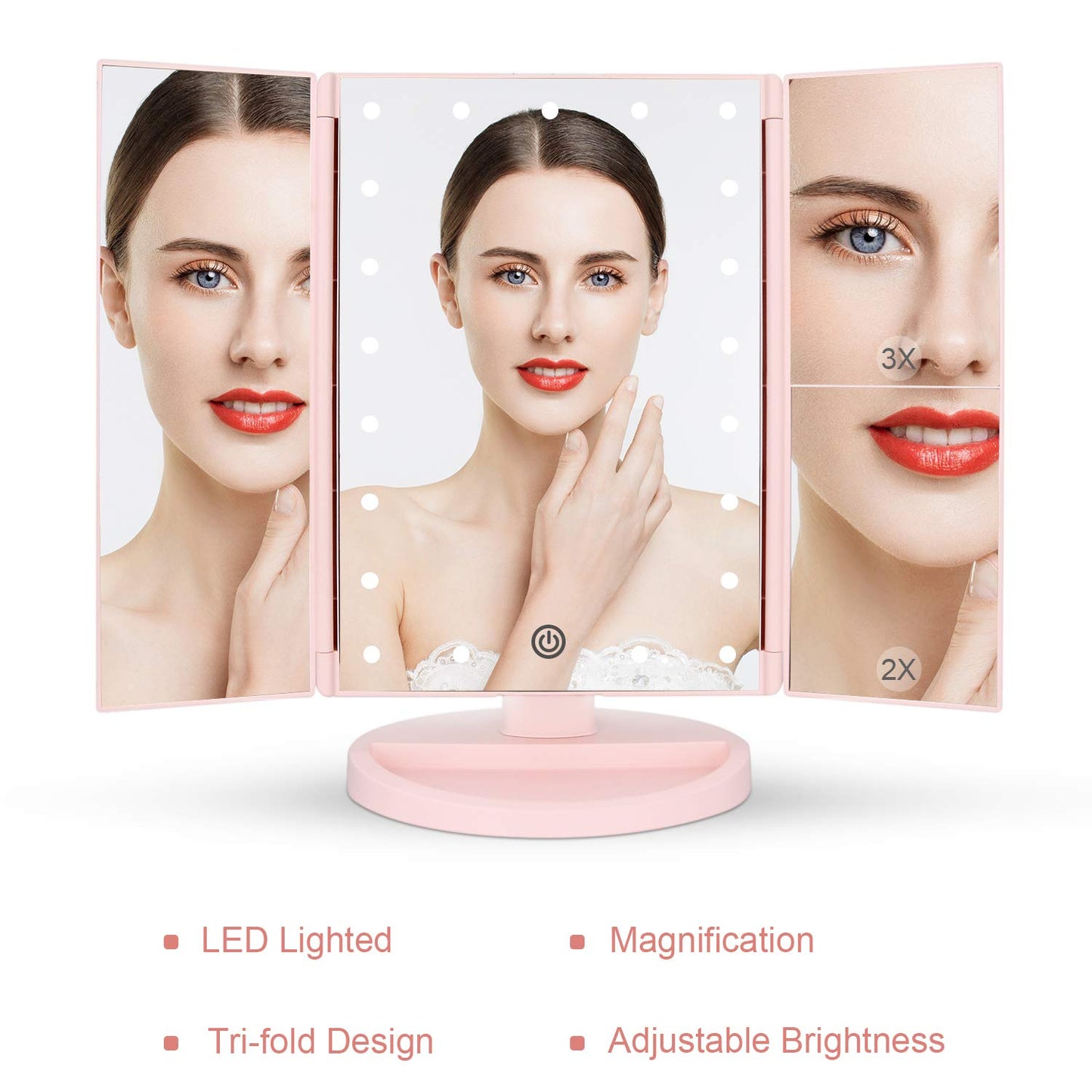 deweisn Dresser Mount Tri-Fold Lighted Vanity Mirror with 21 LED Lights, Touch Screen and 3X/2X/1X Magnification, Two Power Supply Modes Make Up Mirror,Travel Mirror - DigiVirt
