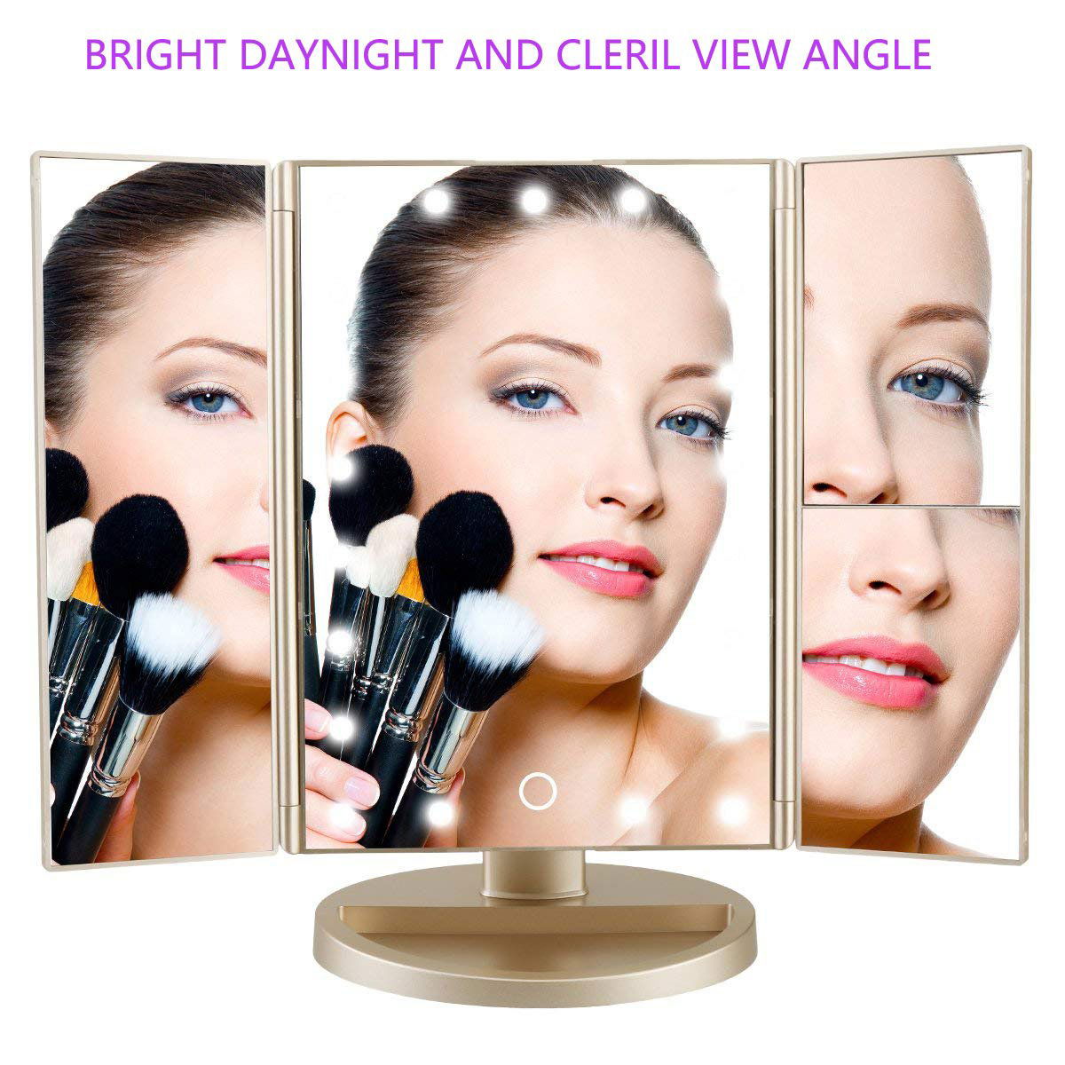 deweisn Dresser Mount Tri-Fold Lighted Vanity Mirror with 21 LED Lights, Touch Screen and 3X/2X/1X Magnification, Two Power Supply Modes Make Up Mirror,Travel Mirror - DigiVirt