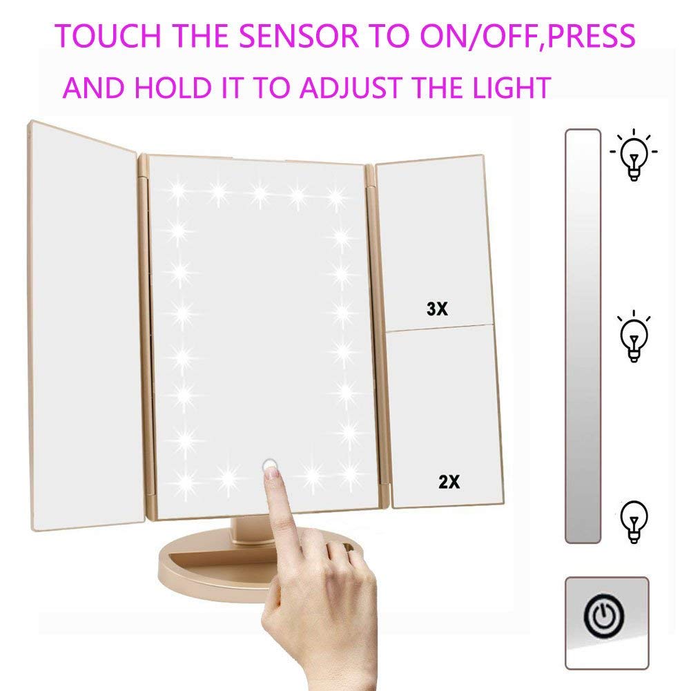deweisn Dresser Mount Tri-Fold Lighted Vanity Mirror with 21 LED Lights, Touch Screen and 3X/2X/1X Magnification, Two Power Supply Modes Make Up Mirror,Travel Mirror - DigiVirt