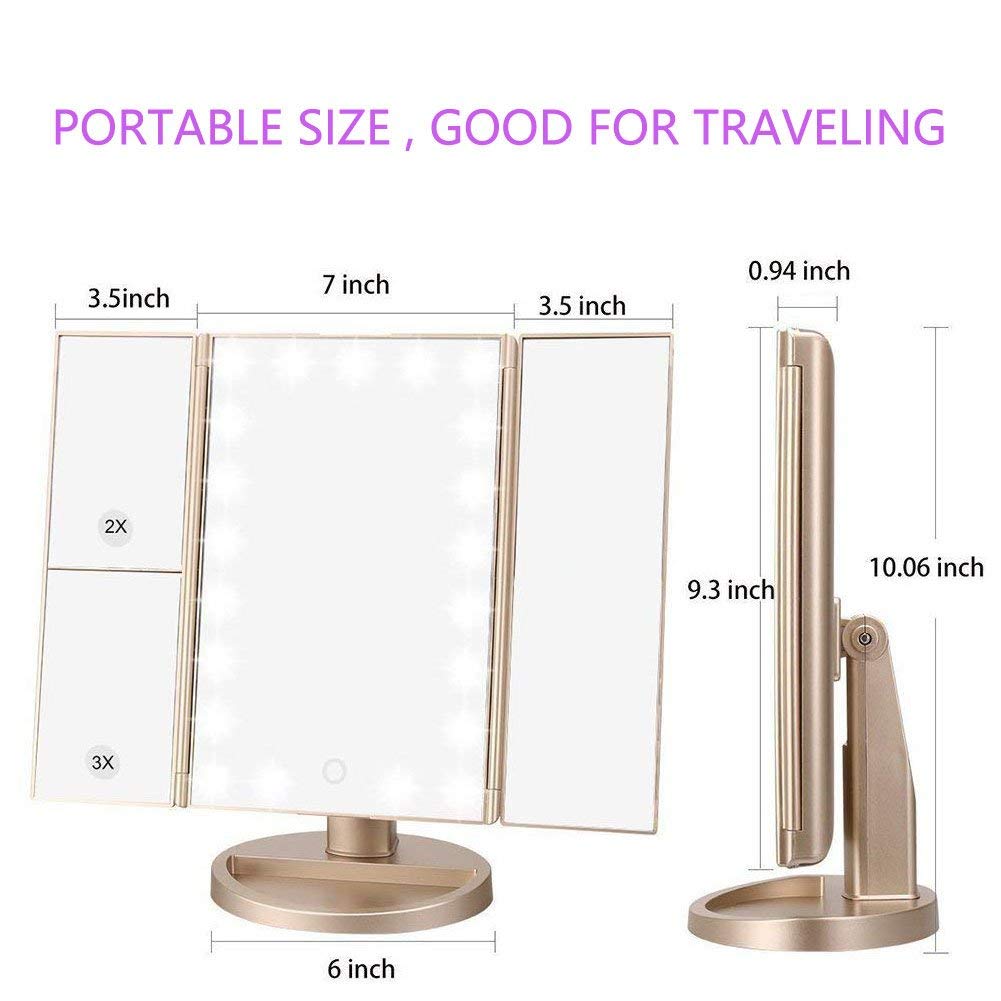 deweisn Dresser Mount Tri-Fold Lighted Vanity Mirror with 21 LED Lights, Touch Screen and 3X/2X/1X Magnification, Two Power Supply Modes Make Up Mirror,Travel Mirror - DigiVirt