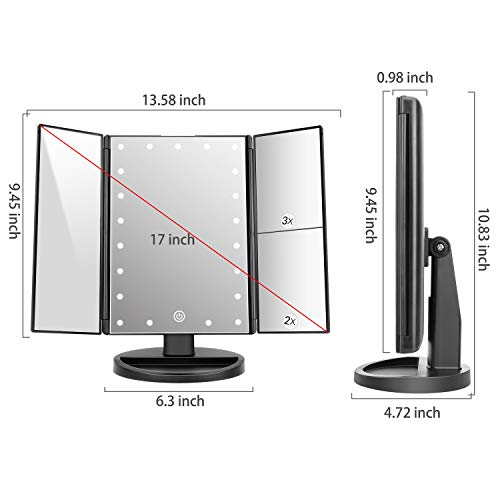 deweisn Dresser Mount Tri-Fold Lighted Vanity Mirror with 21 LED Lights, Touch Screen and 3X/2X/1X Magnification, Two Power Supply Modes Make Up Mirror,Travel Mirror - DigiVirt