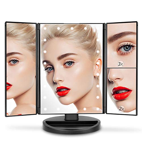 deweisn Dresser Mount Tri-Fold Lighted Vanity Mirror with 21 LED Lights, Touch Screen and 3X/2X/1X Magnification, Two Power Supply Modes Make Up Mirror,Travel Mirror - DigiVirt