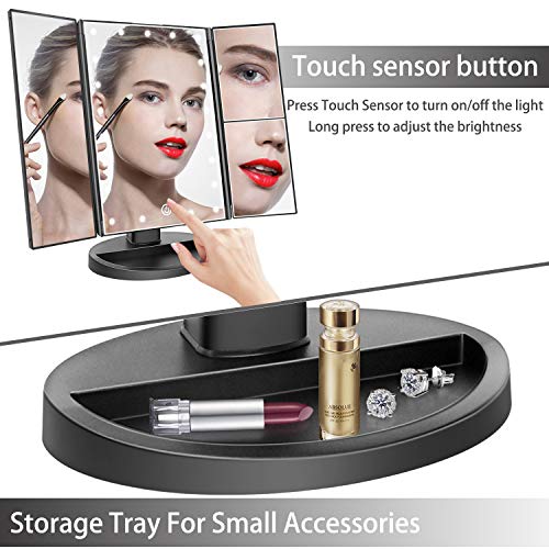 deweisn Dresser Mount Tri-Fold Lighted Vanity Mirror with 21 LED Lights, Touch Screen and 3X/2X/1X Magnification, Two Power Supply Modes Make Up Mirror,Travel Mirror - DigiVirt