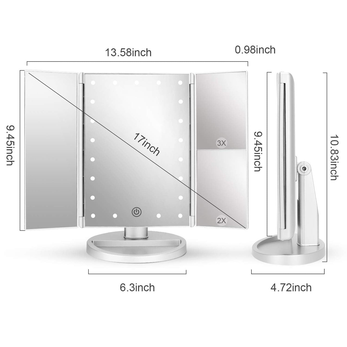 deweisn Dresser Mount Tri-Fold Lighted Vanity Mirror with 21 LED Lights, Touch Screen and 3X/2X/1X Magnification, Two Power Supply Modes Make Up Mirror,Travel Mirror - DigiVirt