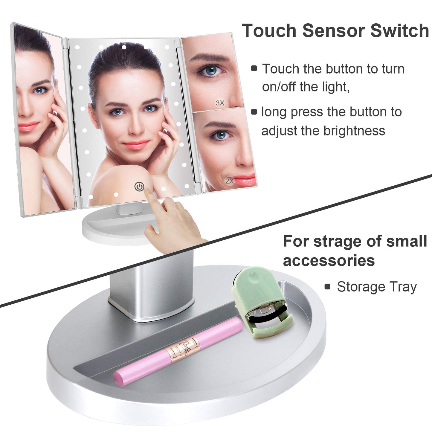 deweisn Dresser Mount Tri-Fold Lighted Vanity Mirror with 21 LED Lights, Touch Screen and 3X/2X/1X Magnification, Two Power Supply Modes Make Up Mirror,Travel Mirror - DigiVirt