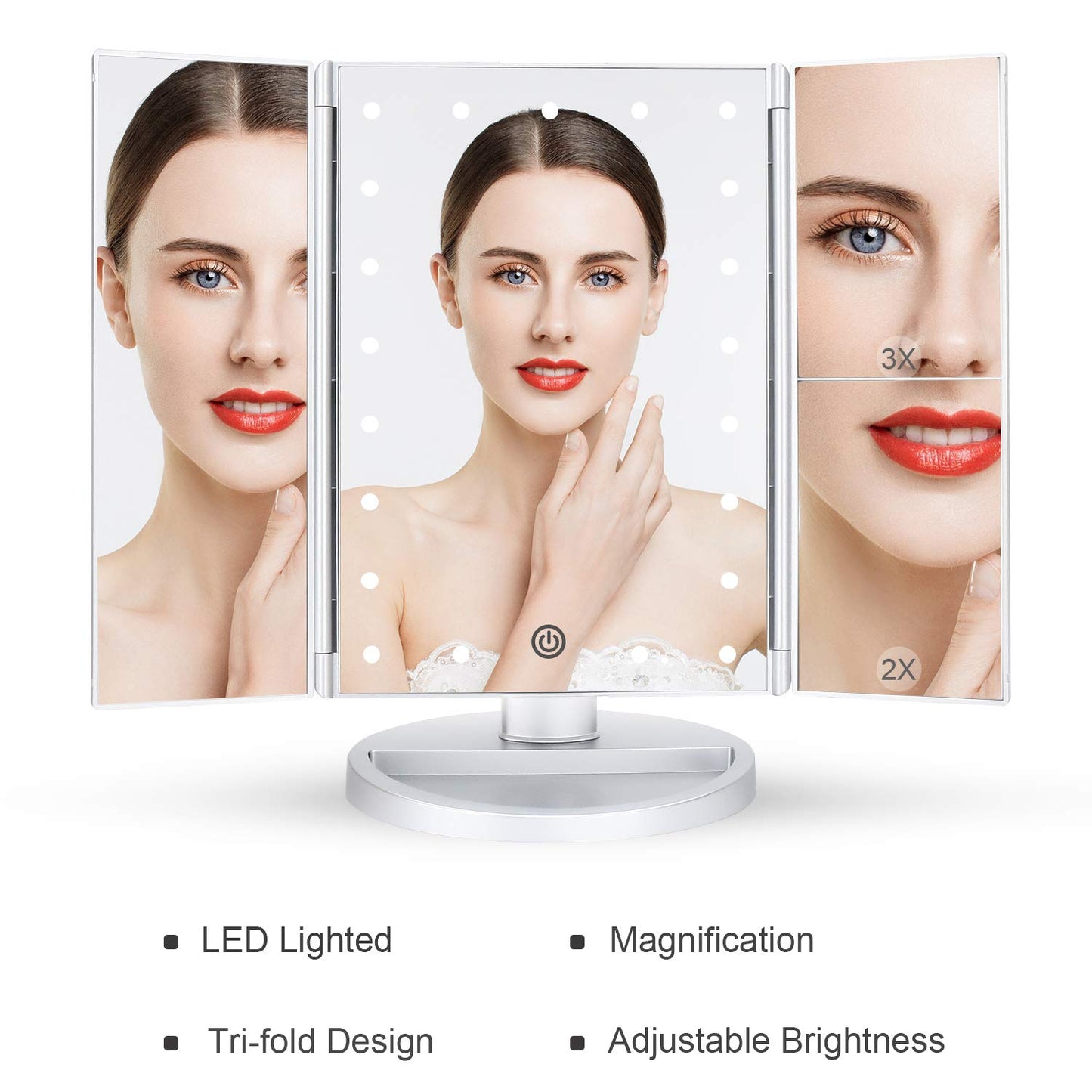 deweisn Dresser Mount Tri-Fold Lighted Vanity Mirror with 21 LED Lights, Touch Screen and 3X/2X/1X Magnification, Two Power Supply Modes Make Up Mirror,Travel Mirror - DigiVirt