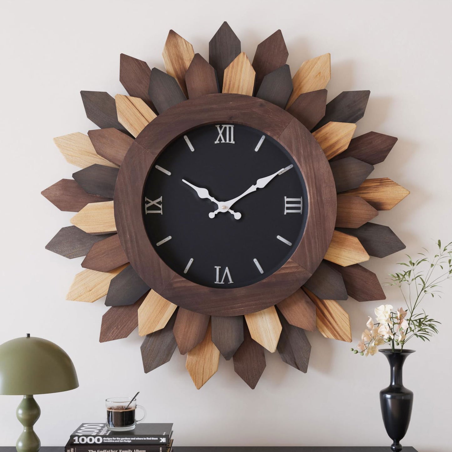 24'' Large Wall Clock for Living Room Deco Boho Sunburst Decorative Big Oversized Silent Battery Operated Farmhouse Wood Wall Clock for Office Home Dinning Room Bedroom Kitchen, Tricolor - DigiVirt