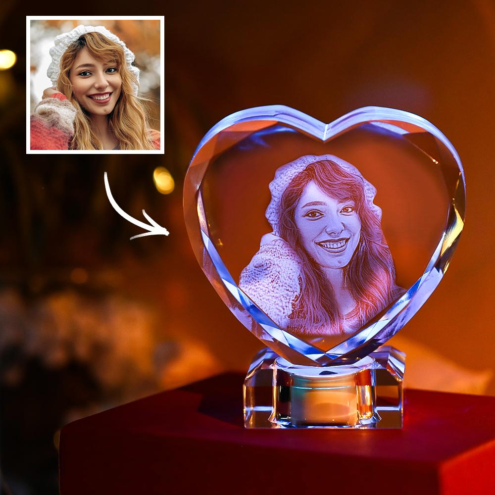3D Laser Engraved Heart Crystal Photo Frame with Light Up LED Base - DigiVirt