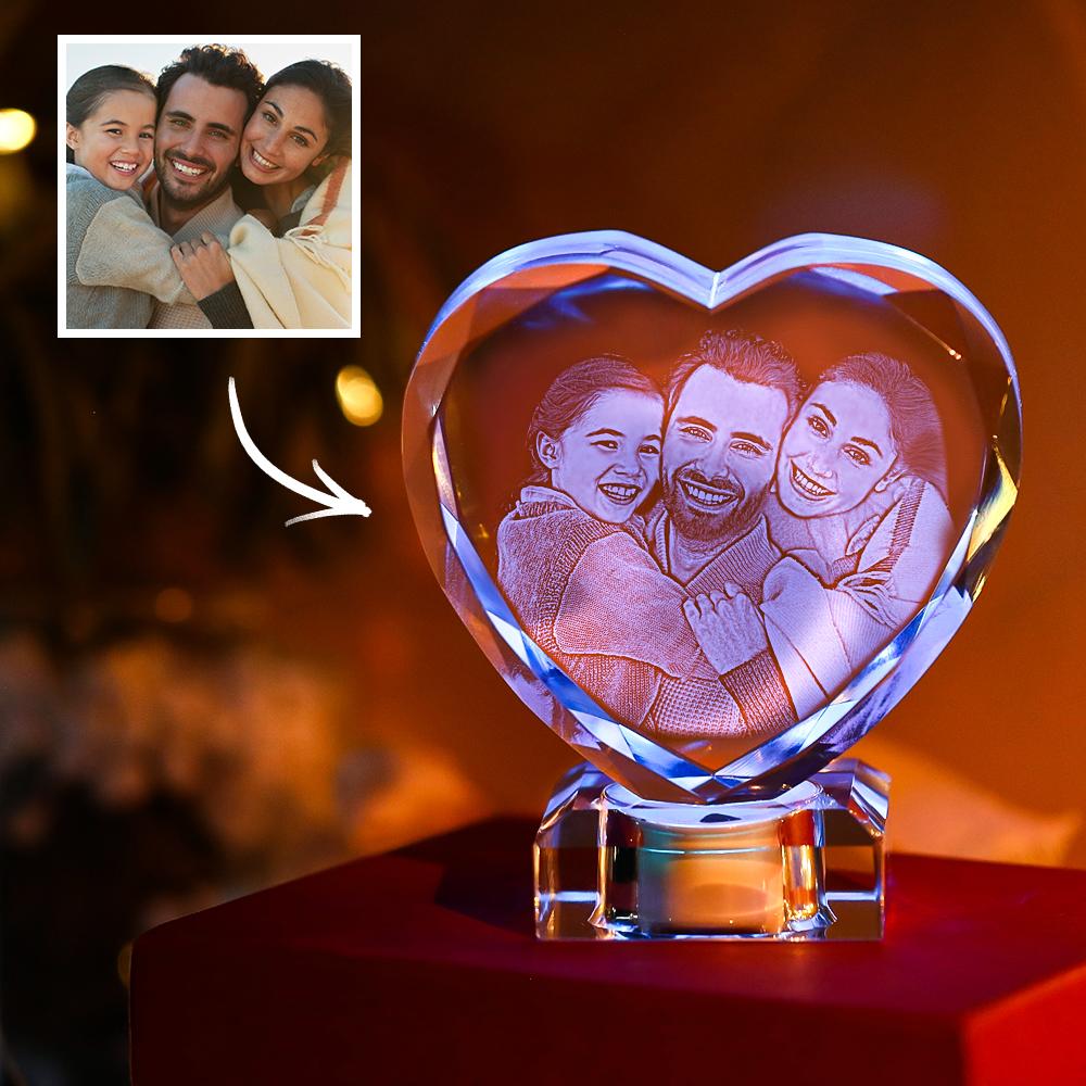 3D Laser Engraved Heart Crystal Photo Frame with Light Up LED Base - DigiVirt