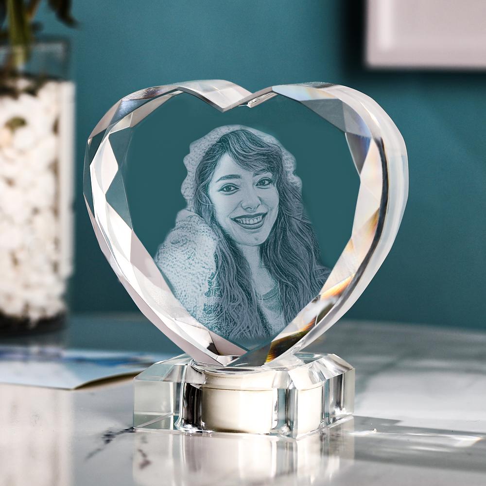 3D Laser Engraved Heart Crystal Photo Frame with Light Up LED Base - DigiVirt