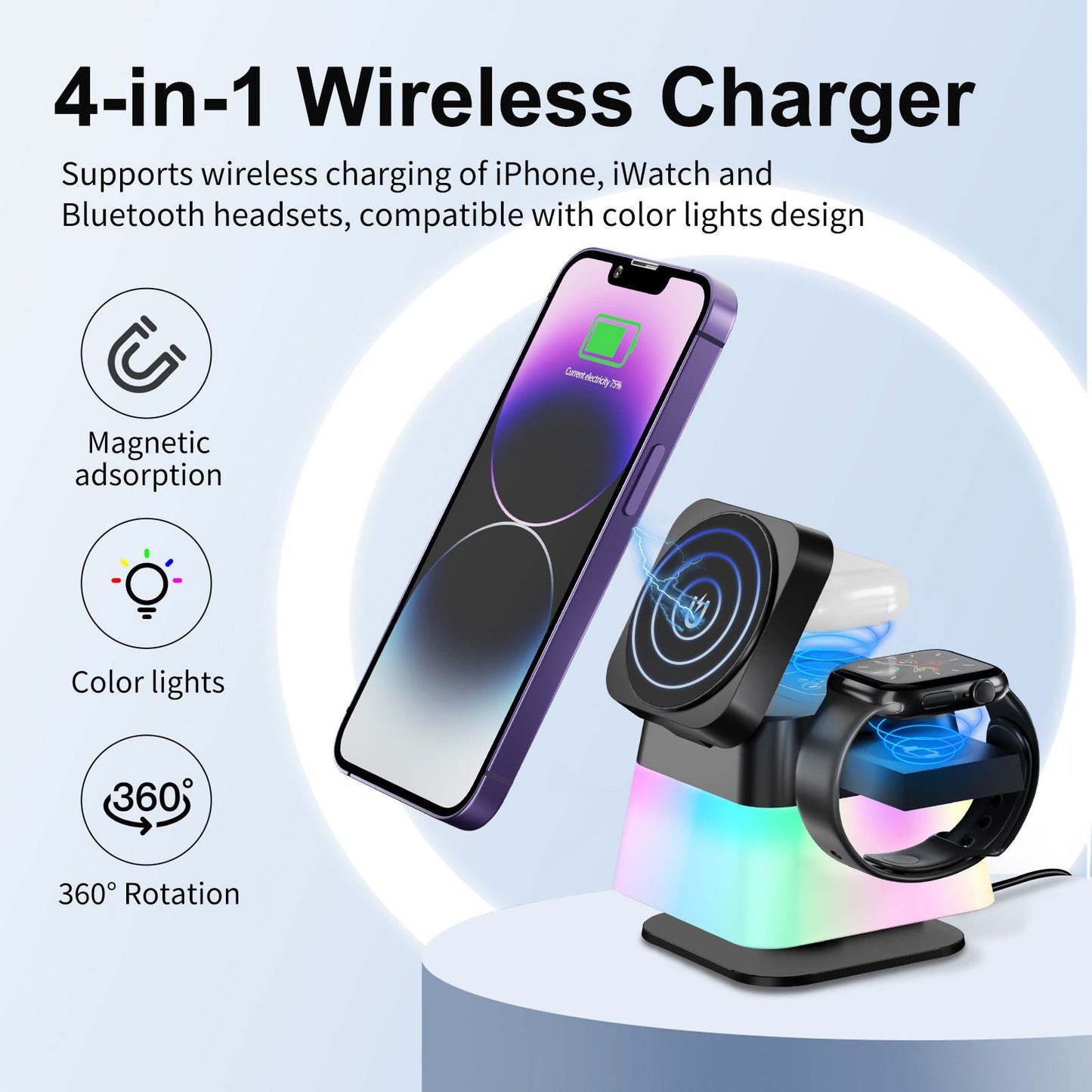 4 In 1 Rotatable Colorful Lighting Wireless Charger Stand For Phone 15 14 13 12 Pro Max 8 7 Holder Magnetic Fast Charging Station - DigiVirt