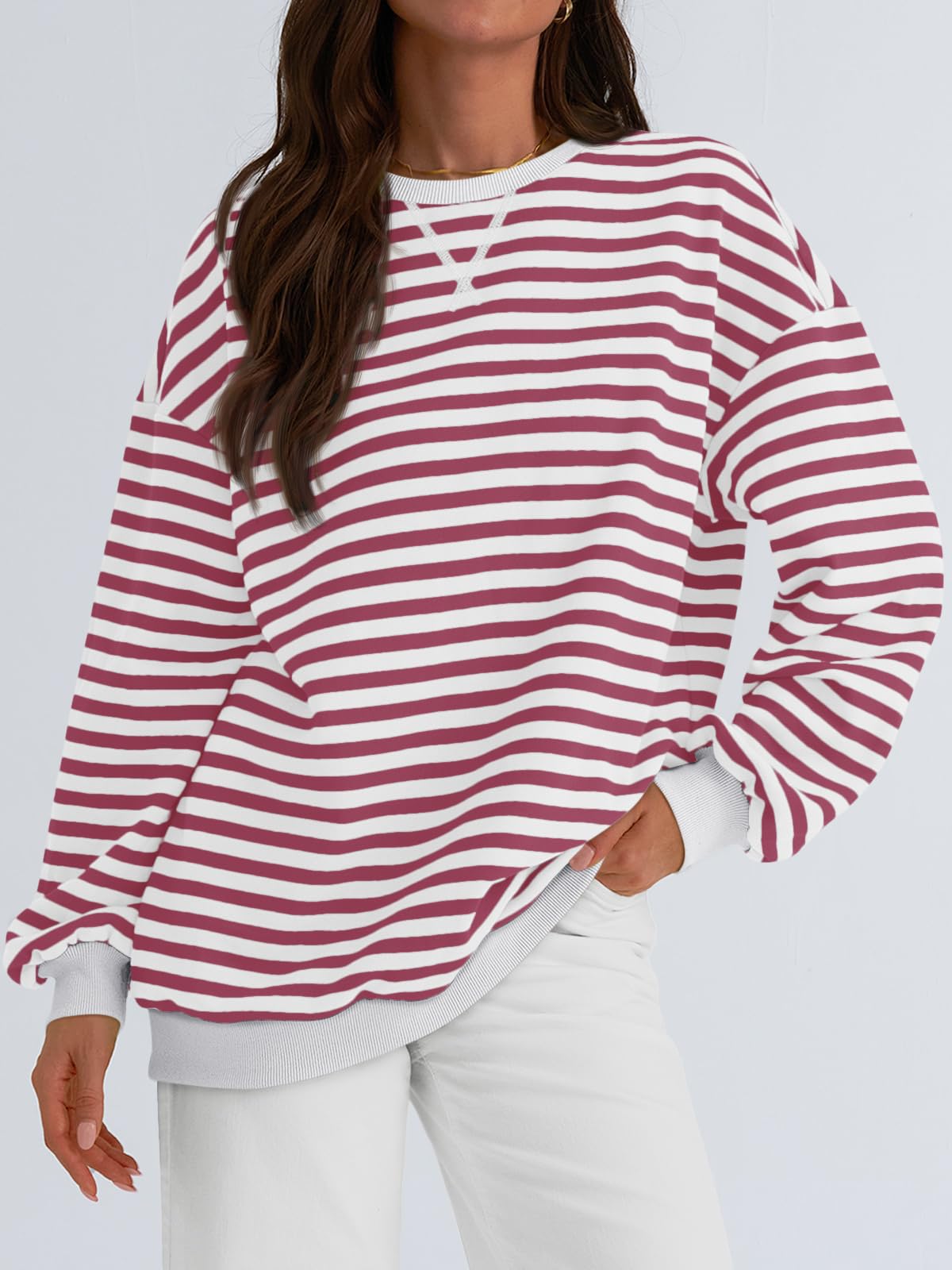 Trendy Queen Oversized Sweatshirt for Women 2024 Fall Crewneck Striped Long Sleeve Shirts Hoodies Preppy Top Y2K Outfits