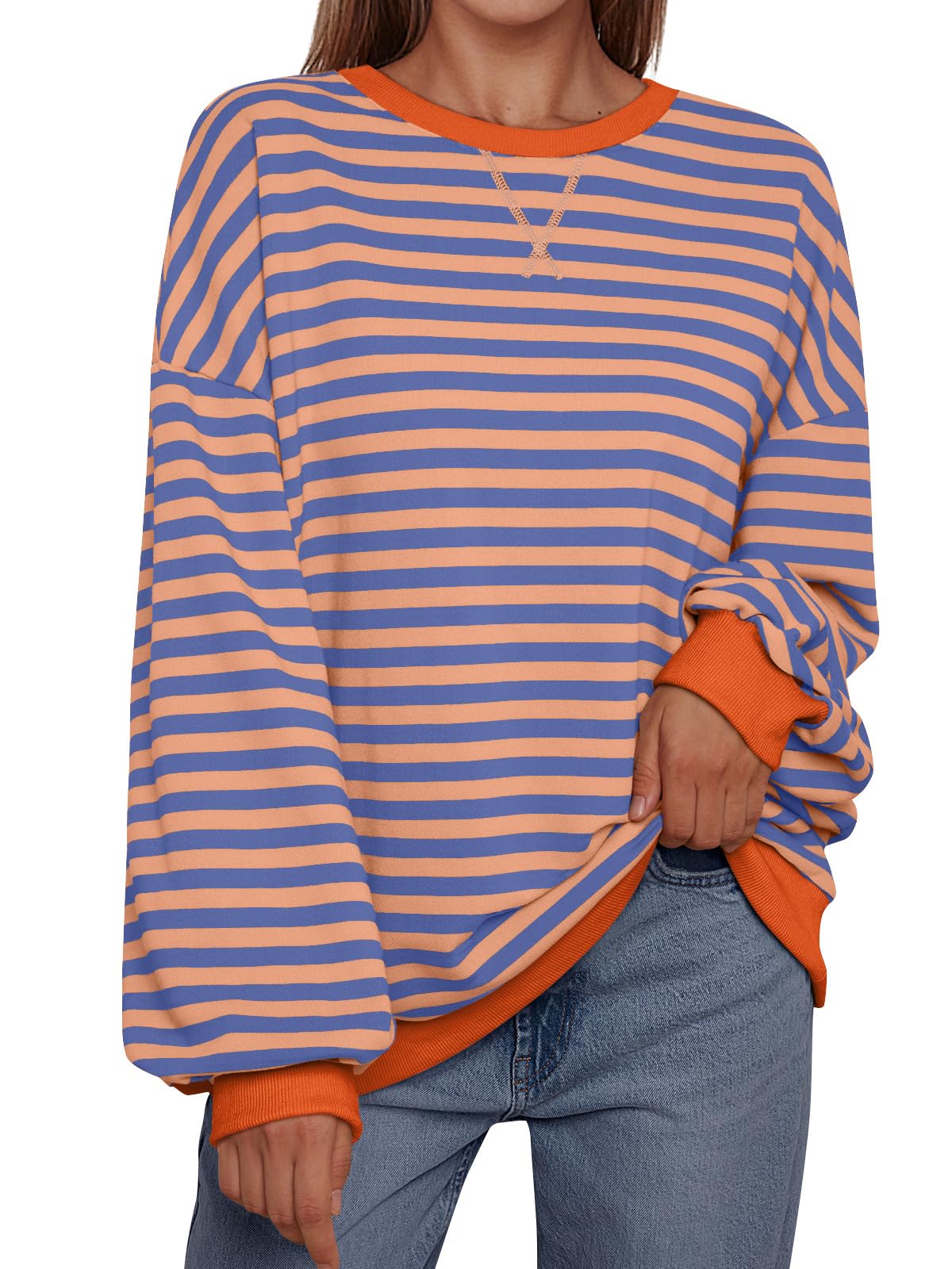Trendy Queen Oversized Sweatshirt for Women 2024 Fall Crewneck Striped Long Sleeve Shirts Hoodies Preppy Top Y2K Outfits