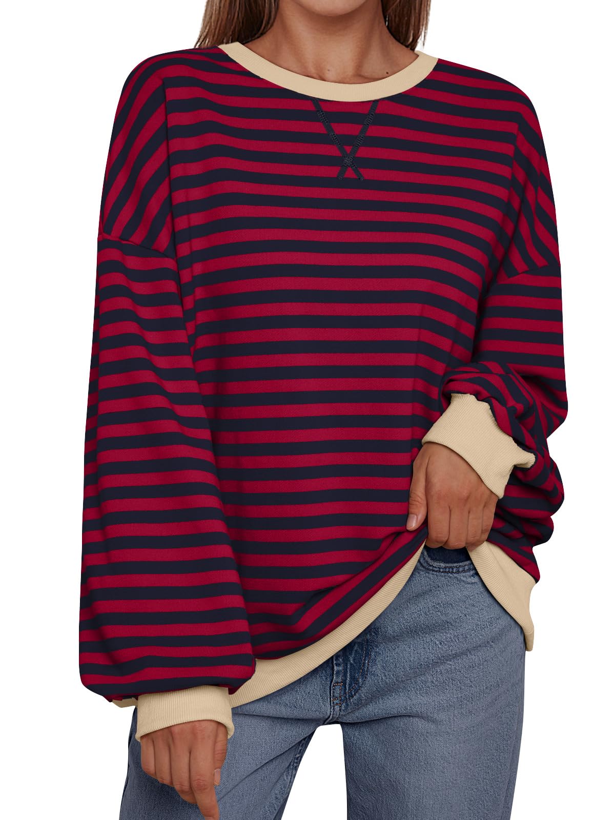 Trendy Queen Oversized Sweatshirt for Women 2024 Fall Crewneck Striped Long Sleeve Shirts Hoodies Preppy Top Y2K Outfits