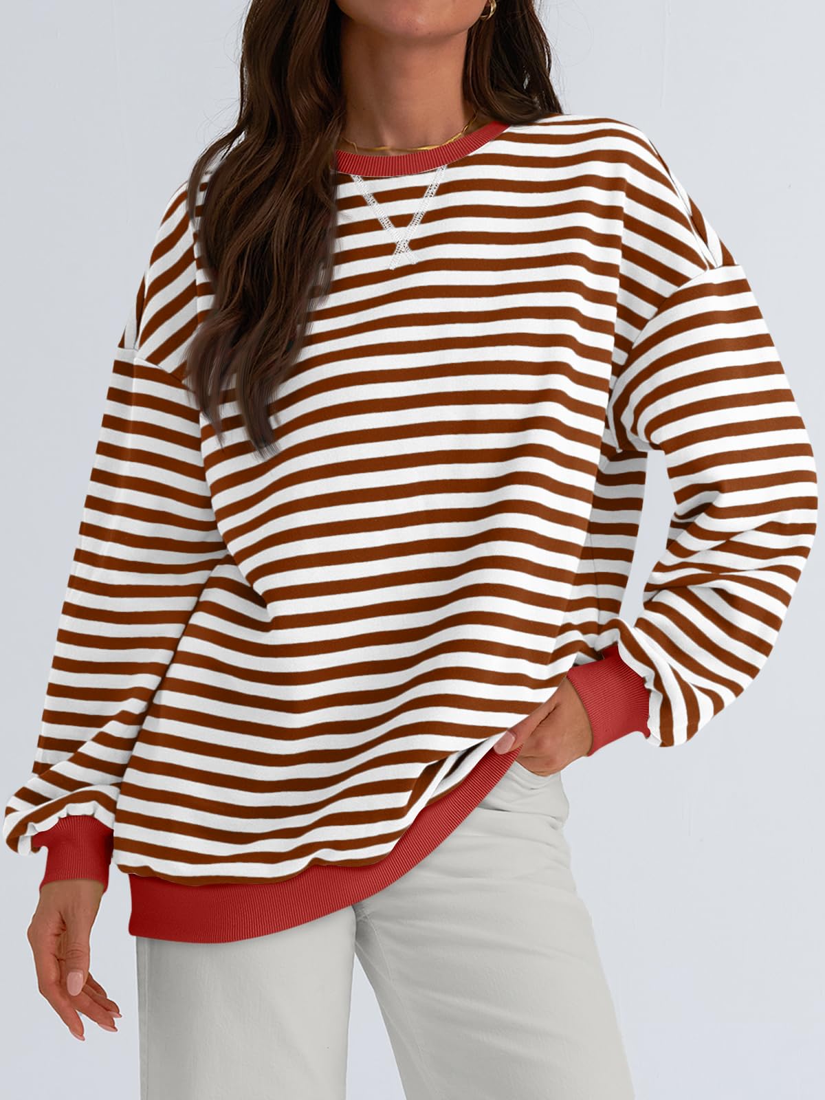 Trendy Queen Oversized Sweatshirt for Women 2024 Fall Crewneck Striped Long Sleeve Shirts Hoodies Preppy Top Y2K Outfits