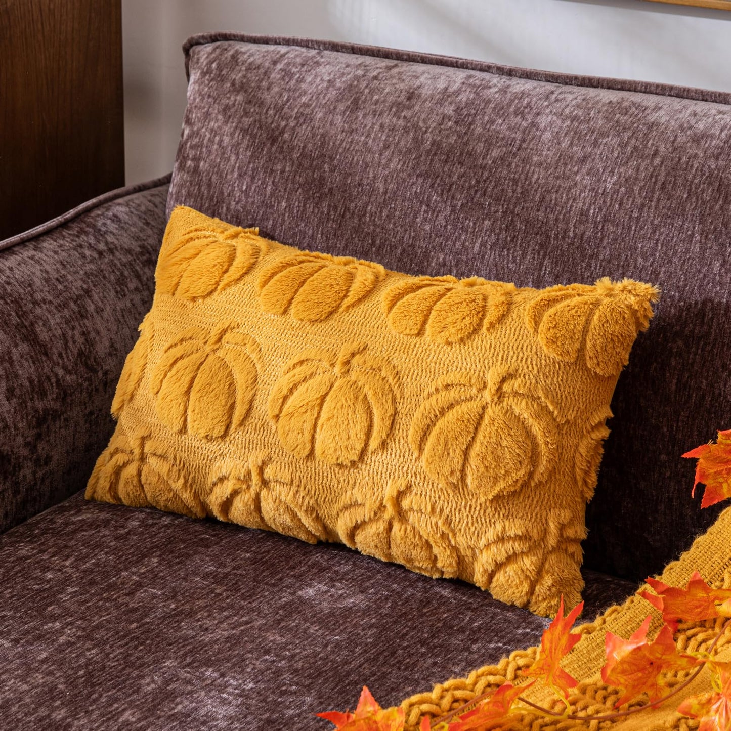 Pumpkin Fall Decorative Throw Pillow Covers 18"x18", Set of 2 Rust Red Soft Faux Fur Pillow Covers for Autumn Harvest, Fluffy Plush Accent Pillow Cases for Farmhouse Couch Cushion Covers