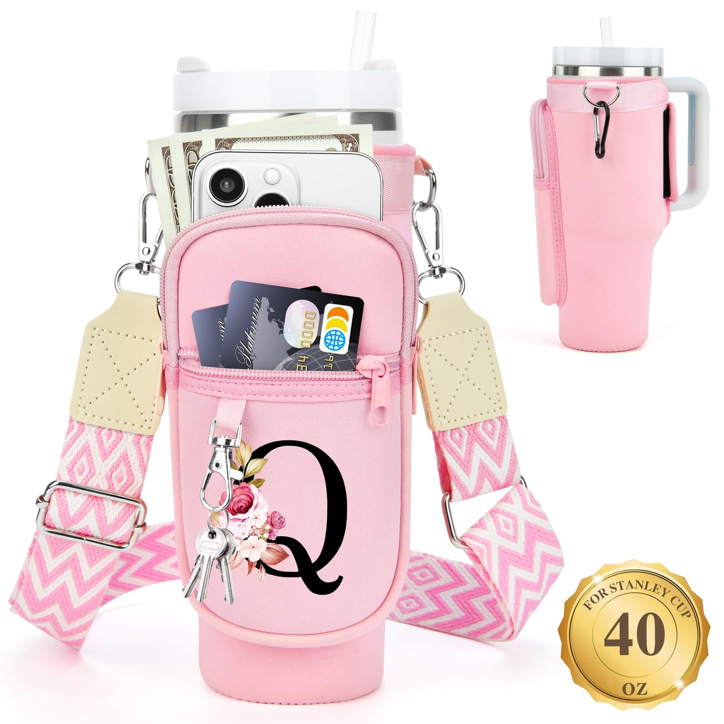 Water Bottle Holder with Strap for Stanley 40 oz Tumbler, for Simple Modern 40 oz Tumbler, Graduation Gift with Phone Pocket, Carabiner, Personalized Gift Initials for Stanley Cup Accessories