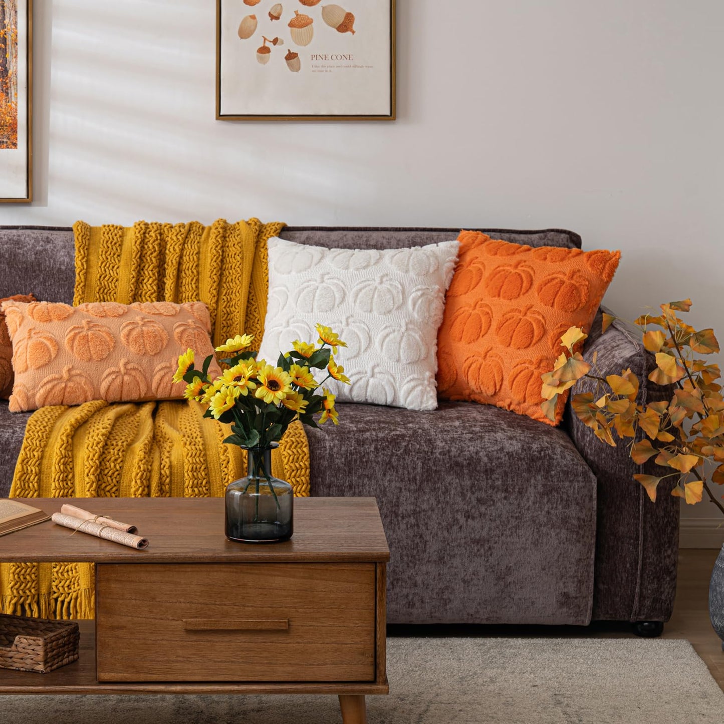 Pumpkin Fall Decorative Throw Pillow Covers 18"x18", Set of 2 Rust Red Soft Faux Fur Pillow Covers for Autumn Harvest, Fluffy Plush Accent Pillow Cases for Farmhouse Couch Cushion Covers