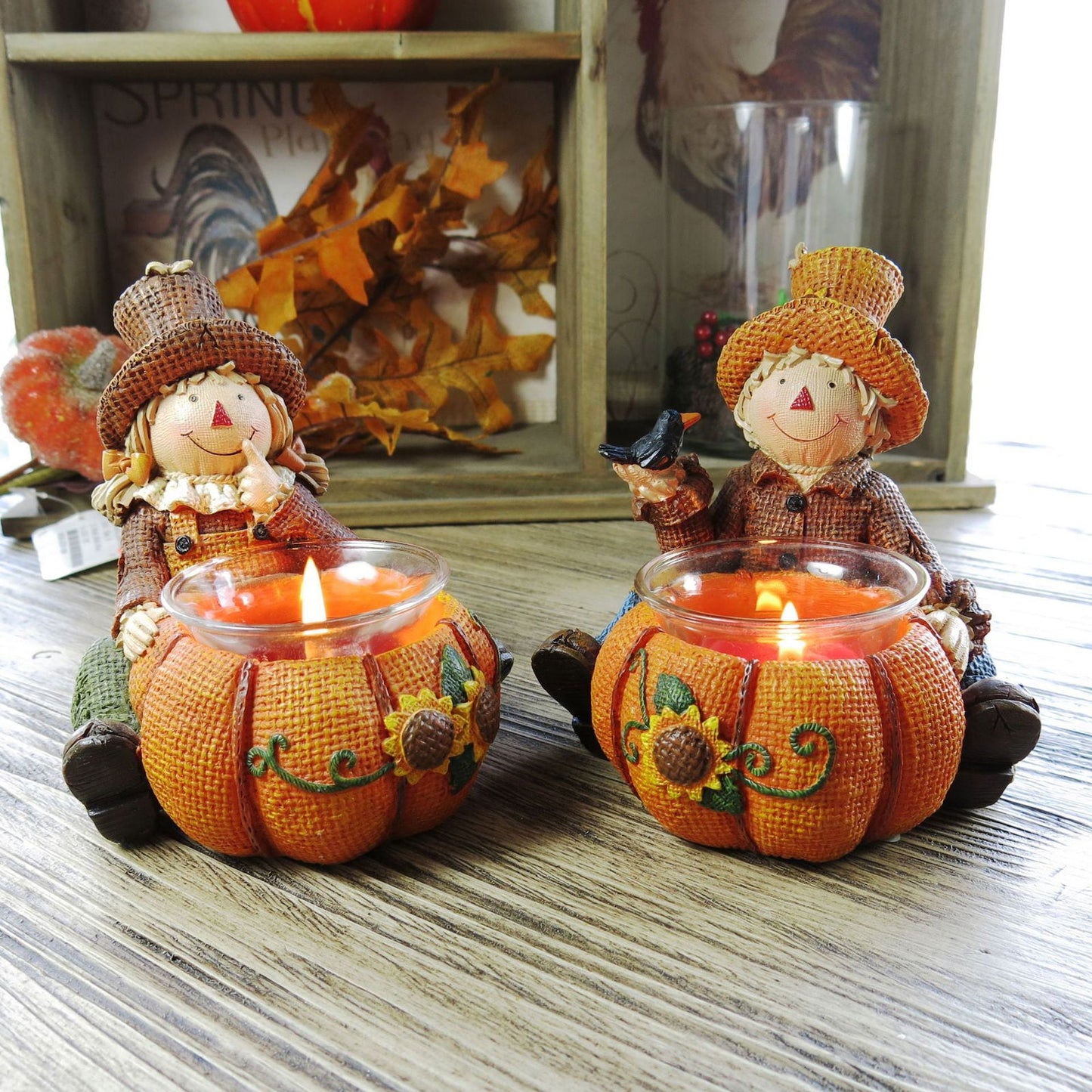 Autumn Harvest Festival Thanksgiving Party Holiday Scene Layout Resin Pumpkin Scarecrow Candlestick Ornaments - DigiVirt