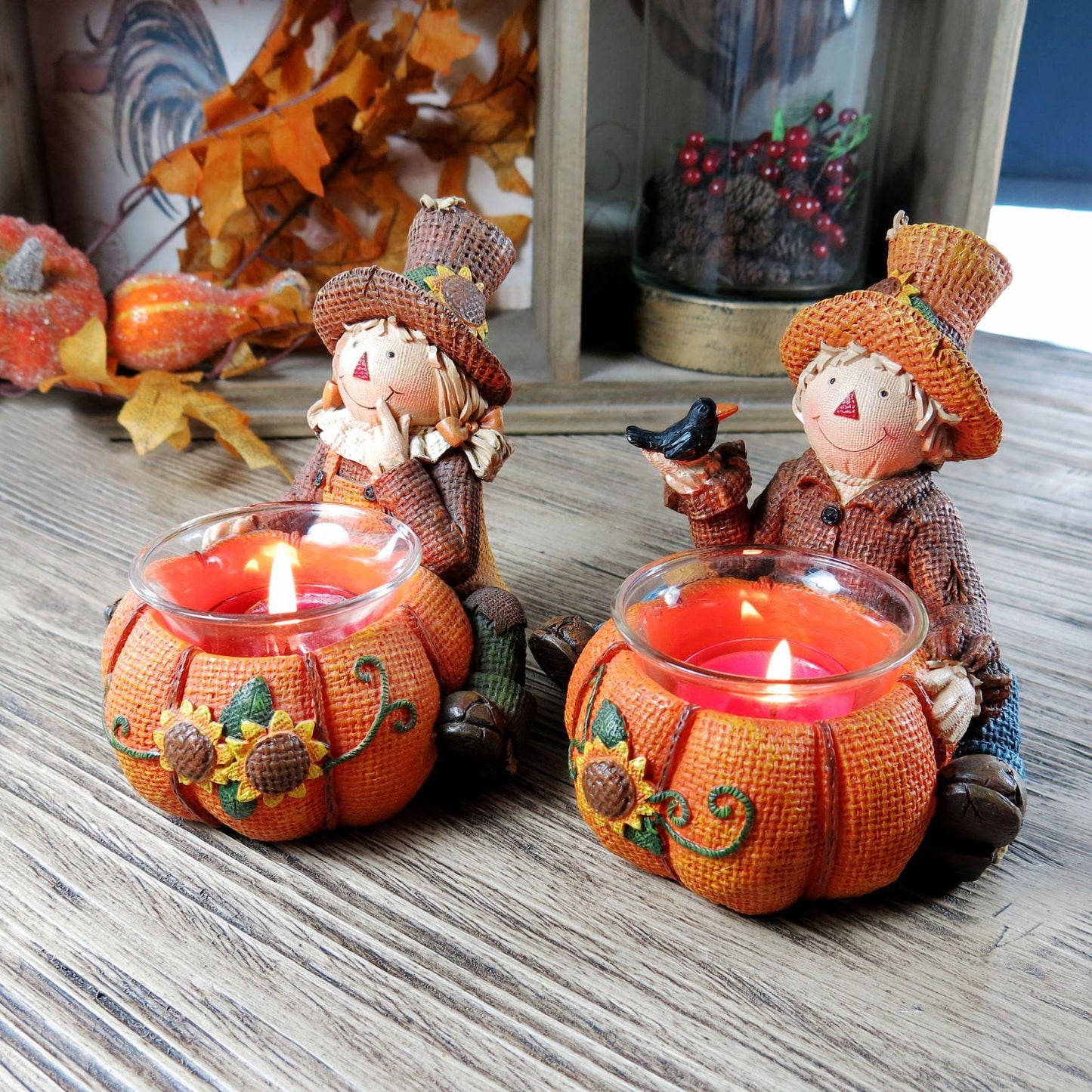 Autumn Harvest Festival Thanksgiving Party Holiday Scene Layout Resin Pumpkin Scarecrow Candlestick Ornaments - DigiVirt