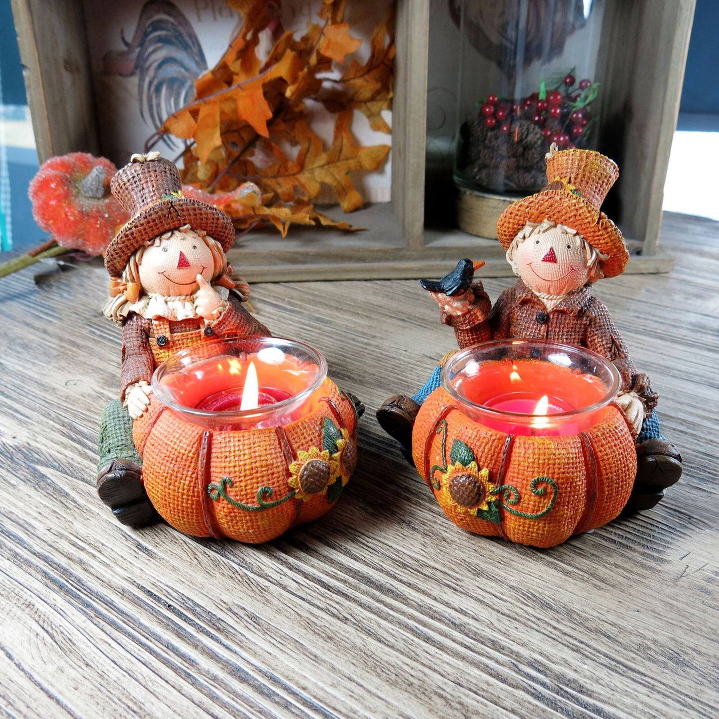 Autumn Harvest Festival Thanksgiving Party Holiday Scene Layout Resin Pumpkin Scarecrow Candlestick Ornaments - DigiVirt
