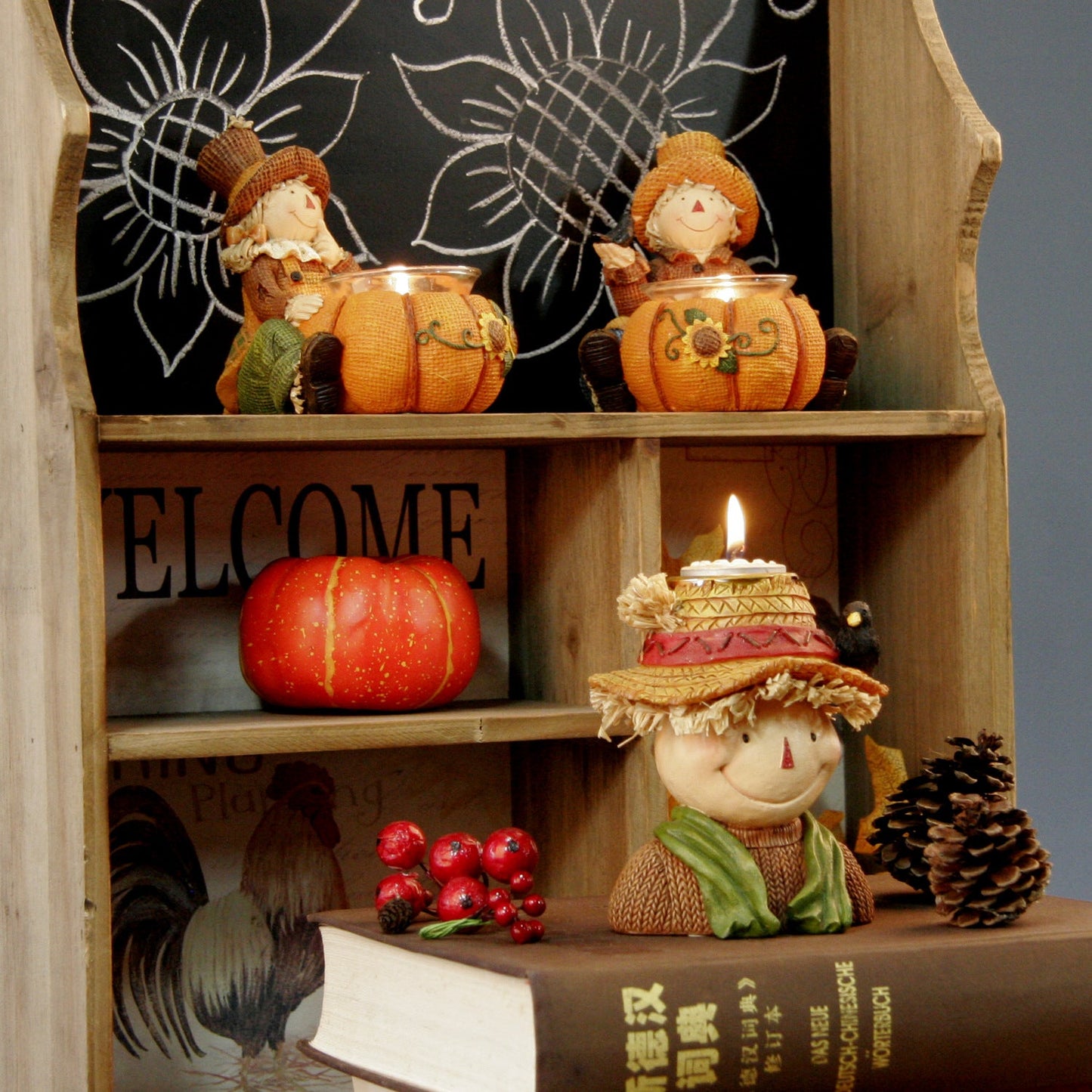 Autumn Harvest Festival Thanksgiving Party Holiday Scene Layout Resin Pumpkin Scarecrow Candlestick Ornaments - DigiVirt