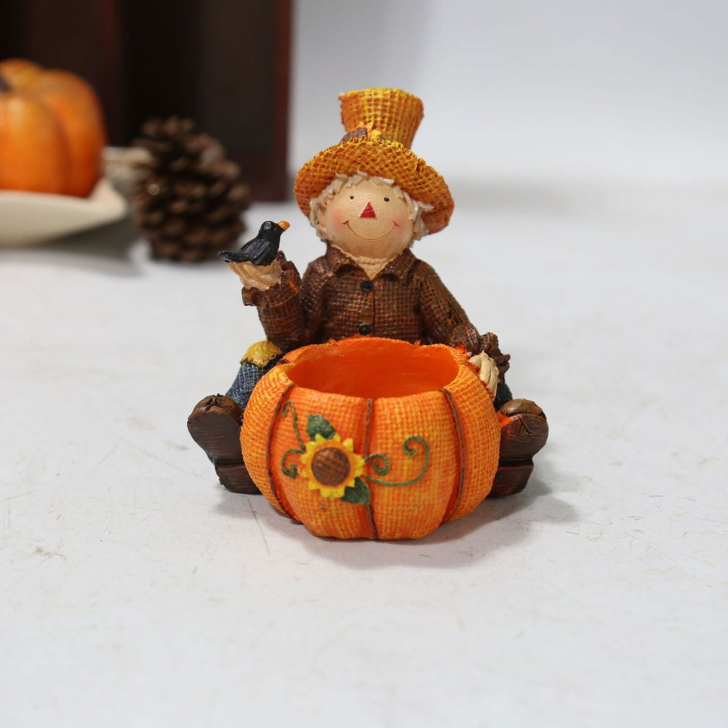 Autumn Harvest Festival Thanksgiving Party Holiday Scene Layout Resin Pumpkin Scarecrow Candlestick Ornaments - DigiVirt