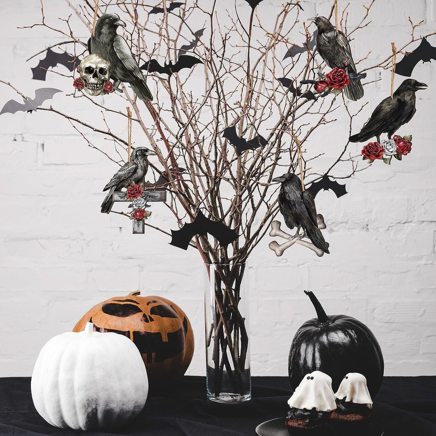 Black Crows Wood Halloween Hanging Decorations Ghost Festival Atmosphere Party Decorative Props Set of 12 Set of 24 - DigiVirt