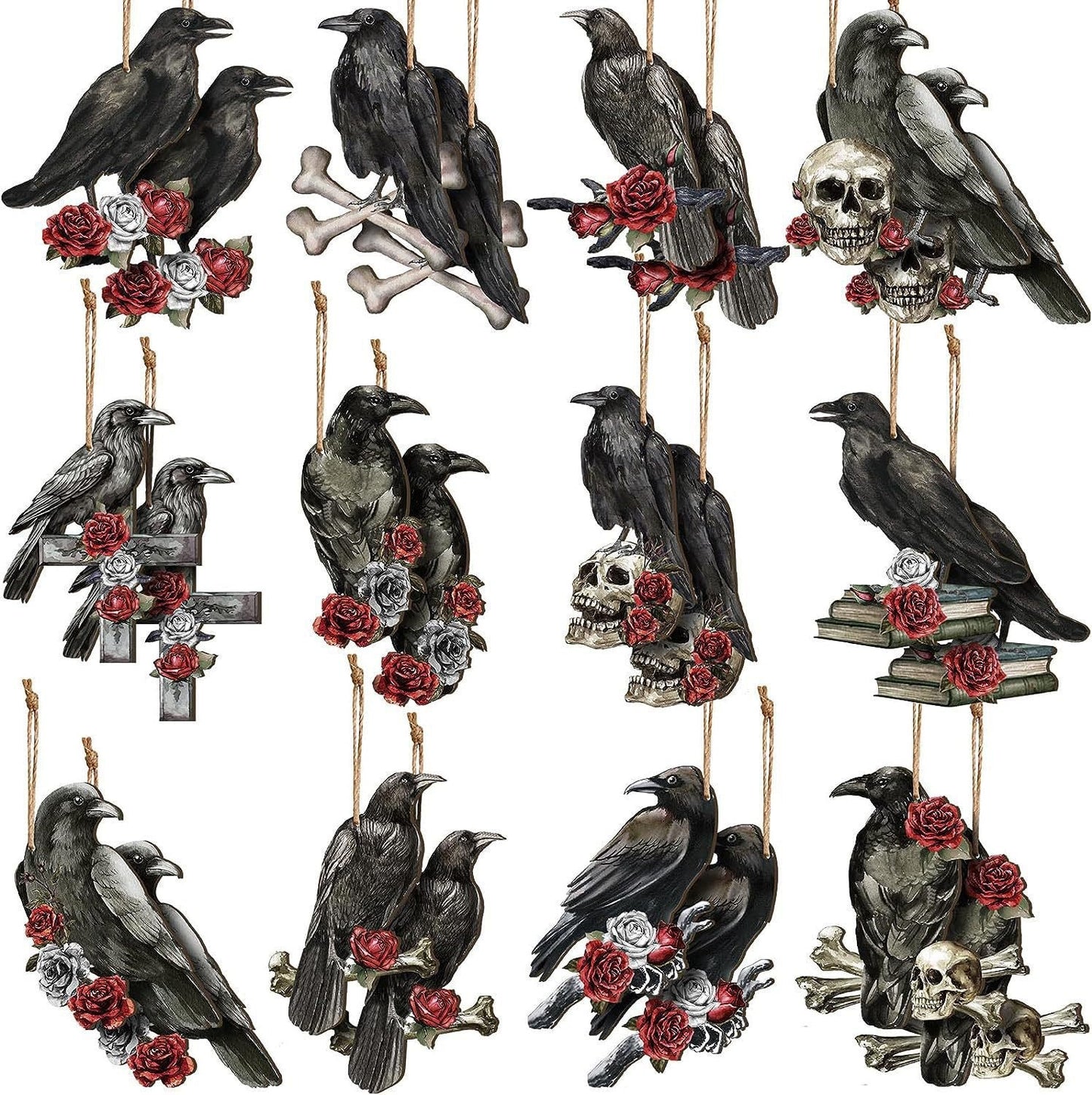 Black Crows Wood Halloween Hanging Decorations Ghost Festival Atmosphere Party Decorative Props Set of 12 Set of 24 - DigiVirt