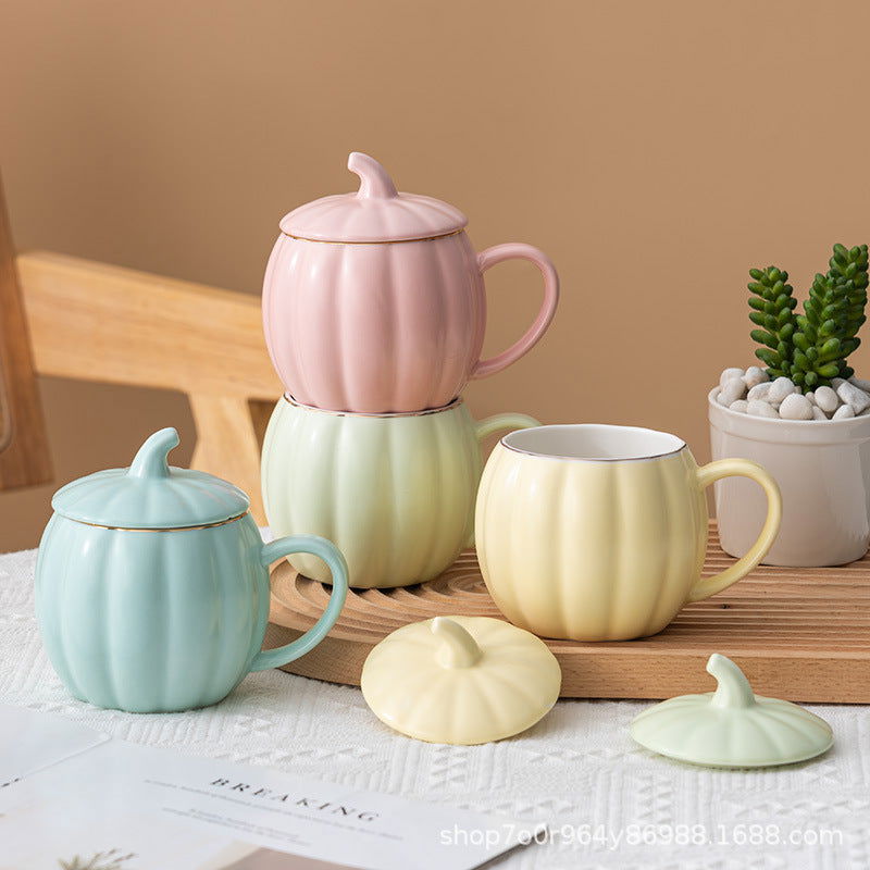 Ceramic Cup Cute Pumpkin Cup With Lid Office Breakfast Cup Mug Coffee Cup Water Cup - DigiVirt
