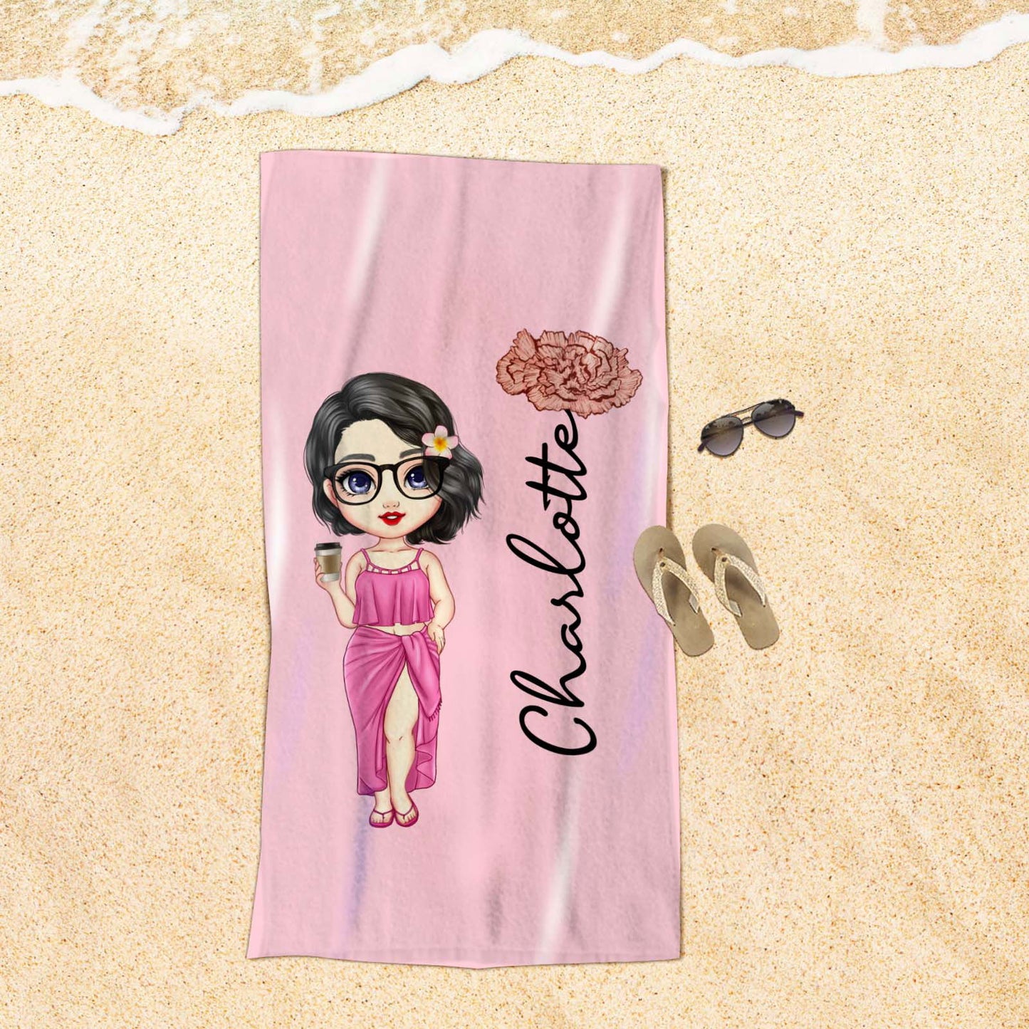 Custom Cartoon Women Girl Birth Flower Multicolor Beach Towel Personalized Name Vacation Beach Towel Gift for Friend - DigiVirt