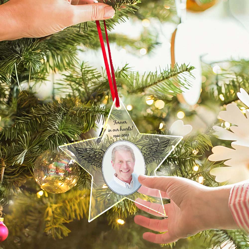 Custom Photo Angel Decoration Star Shaped Hanging Acrylic Ornament Christmas Day Memorial Gift - DigiVirt