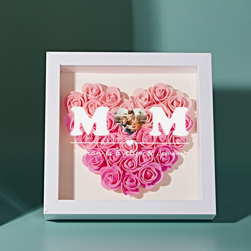 Custom Photo Flower Shadow Box Personalized Heart Gradient Pink Flower Shadowbox Frame Gift for Mom - DigiVirt