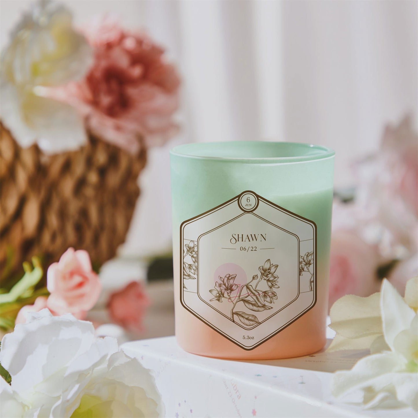 Elegant Custom Engraved Hexagon Month Flower Scented Candle for Stunning Wedding Decor - DigiVirt