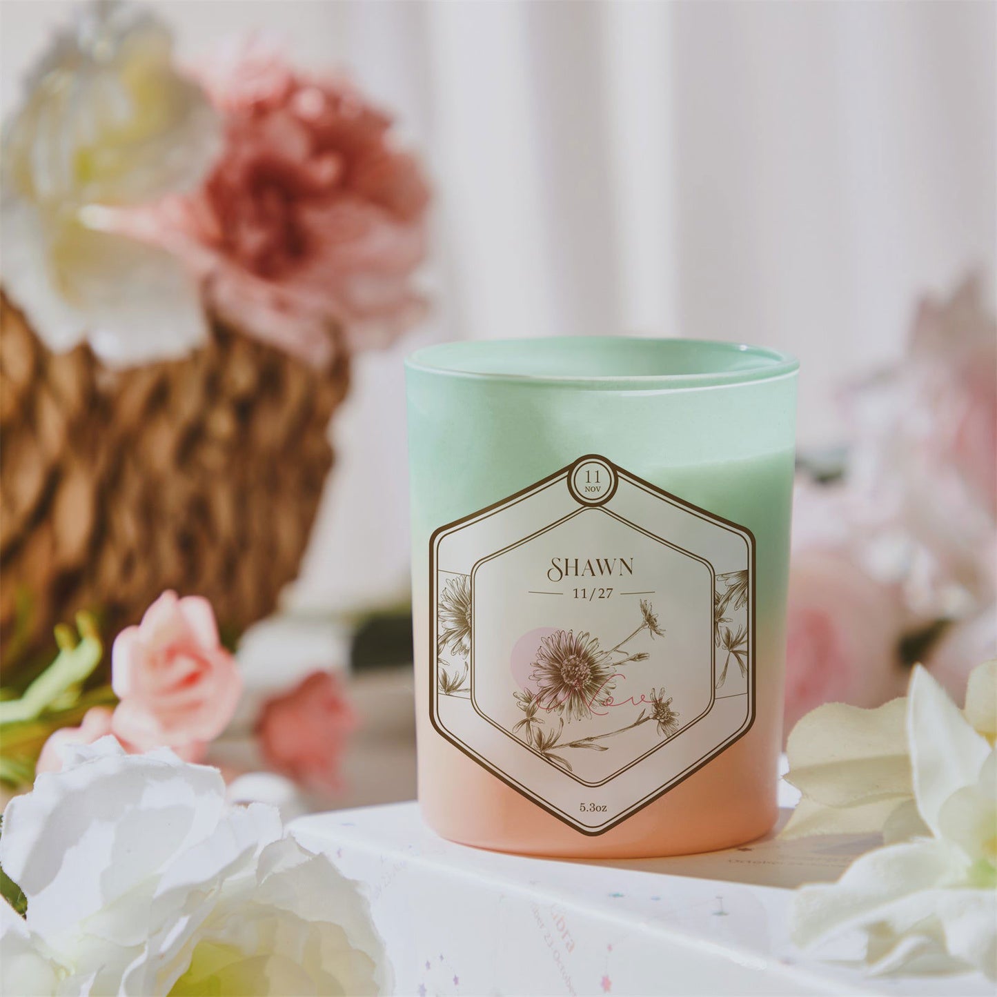Elegant Custom Engraved Hexagon Month Flower Scented Candle for Stunning Wedding Decor - DigiVirt