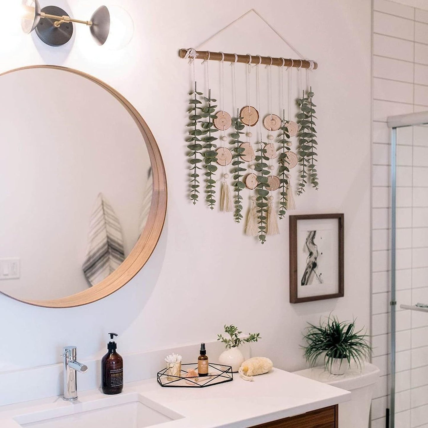 Eucalyptus Wall Decor Greenery Leaves Stems Wall Hanging Plants on 16.5 inch Wooden Stick Boho Rustic Farmhouse Decor for Bedroom Kitchen Dining Room Bathroom - DigiVirt
