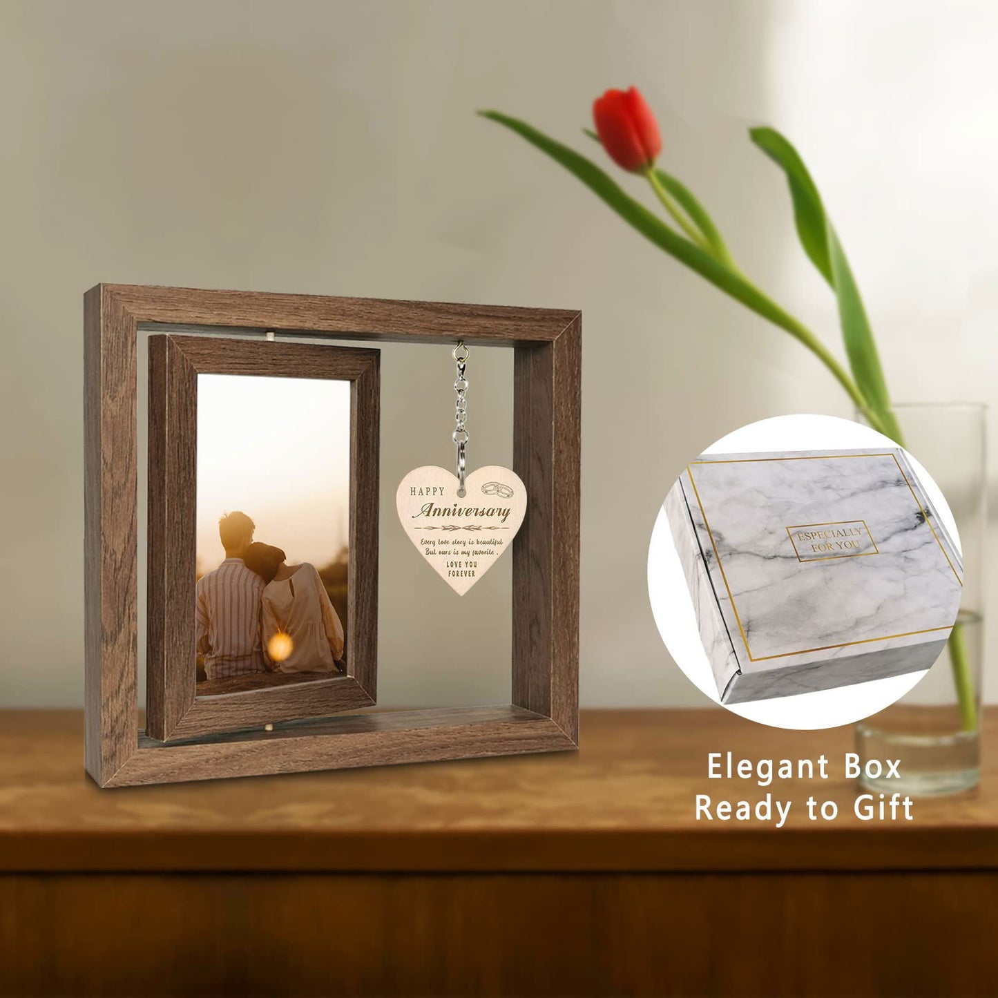 Happy Anniversary Picture Frame Gifts for Women, Rustic Wood Floating Wedding Gifts for Her Him Wife Husband Men Couple Boyfriend Girlfriend Gifts - DigiVirt