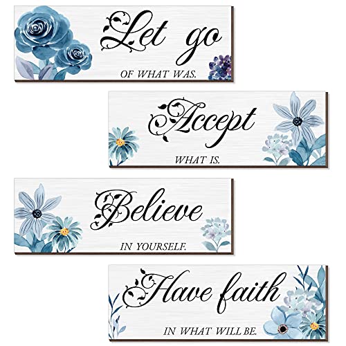 Joyhawk 4 Pieces Blue Flower Wall Decor For Bedroom, Accept-Let go-Have faith-Believe Wooden Inspirational Wall Art Decorations for Living Room Bathroom,Rustic Wooden Farmhouse Home Decor, 12 x 4 Inch - DigiVirt
