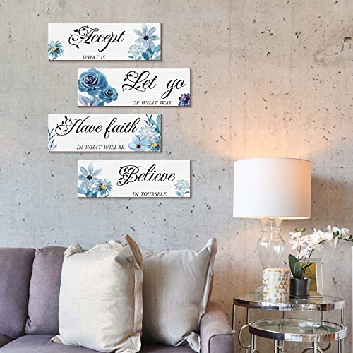 Joyhawk 4 Pieces Blue Flower Wall Decor For Bedroom, Accept-Let go-Have faith-Believe Wooden Inspirational Wall Art Decorations for Living Room Bathroom,Rustic Wooden Farmhouse Home Decor, 12 x 4 Inch - DigiVirt