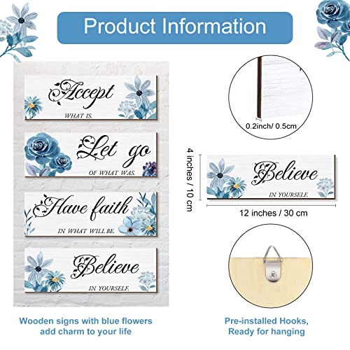 Joyhawk 4 Pieces Blue Flower Wall Decor For Bedroom, Accept-Let go-Have faith-Believe Wooden Inspirational Wall Art Decorations for Living Room Bathroom,Rustic Wooden Farmhouse Home Decor, 12 x 4 Inch - DigiVirt